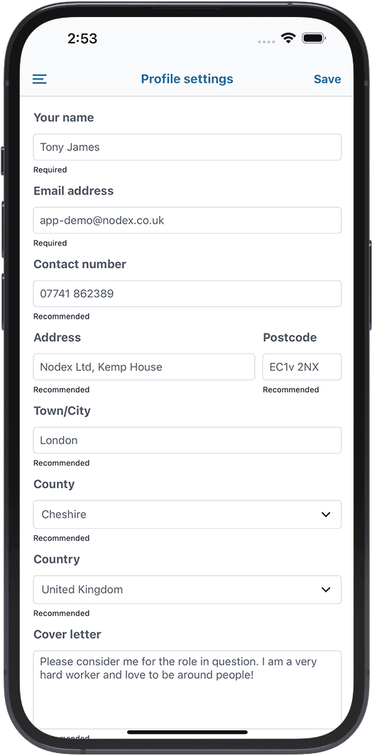 App screenshot (profile)