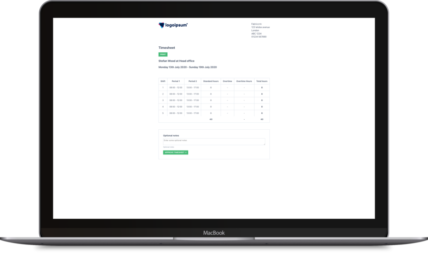 Approvable and printable branded timesheets