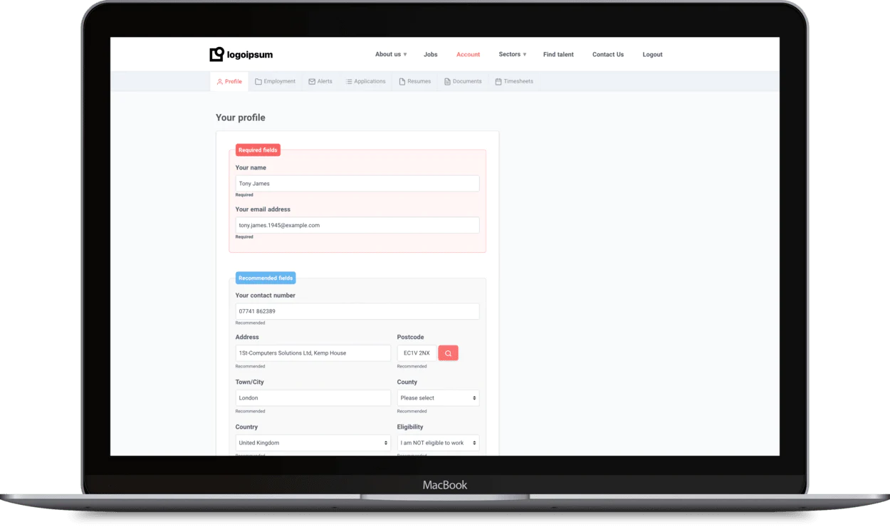 Recruitment website account 