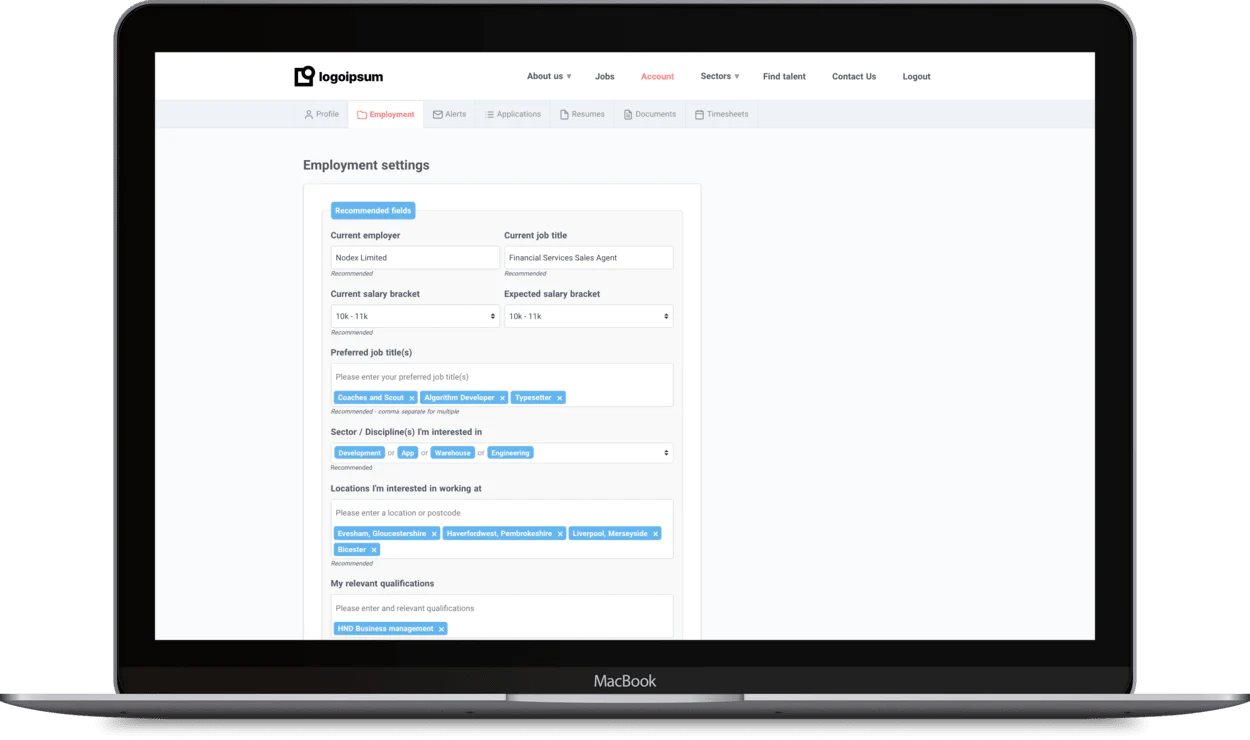 Recruitment website account 